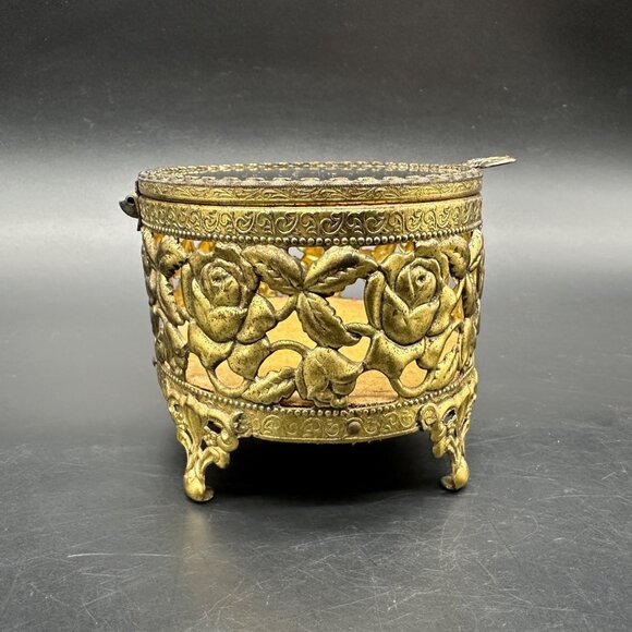 Vintage Jewelry Casket Box Floral Gold Tone Metal Glass Rose Flower Trinket Dish - Picture 3 of 10